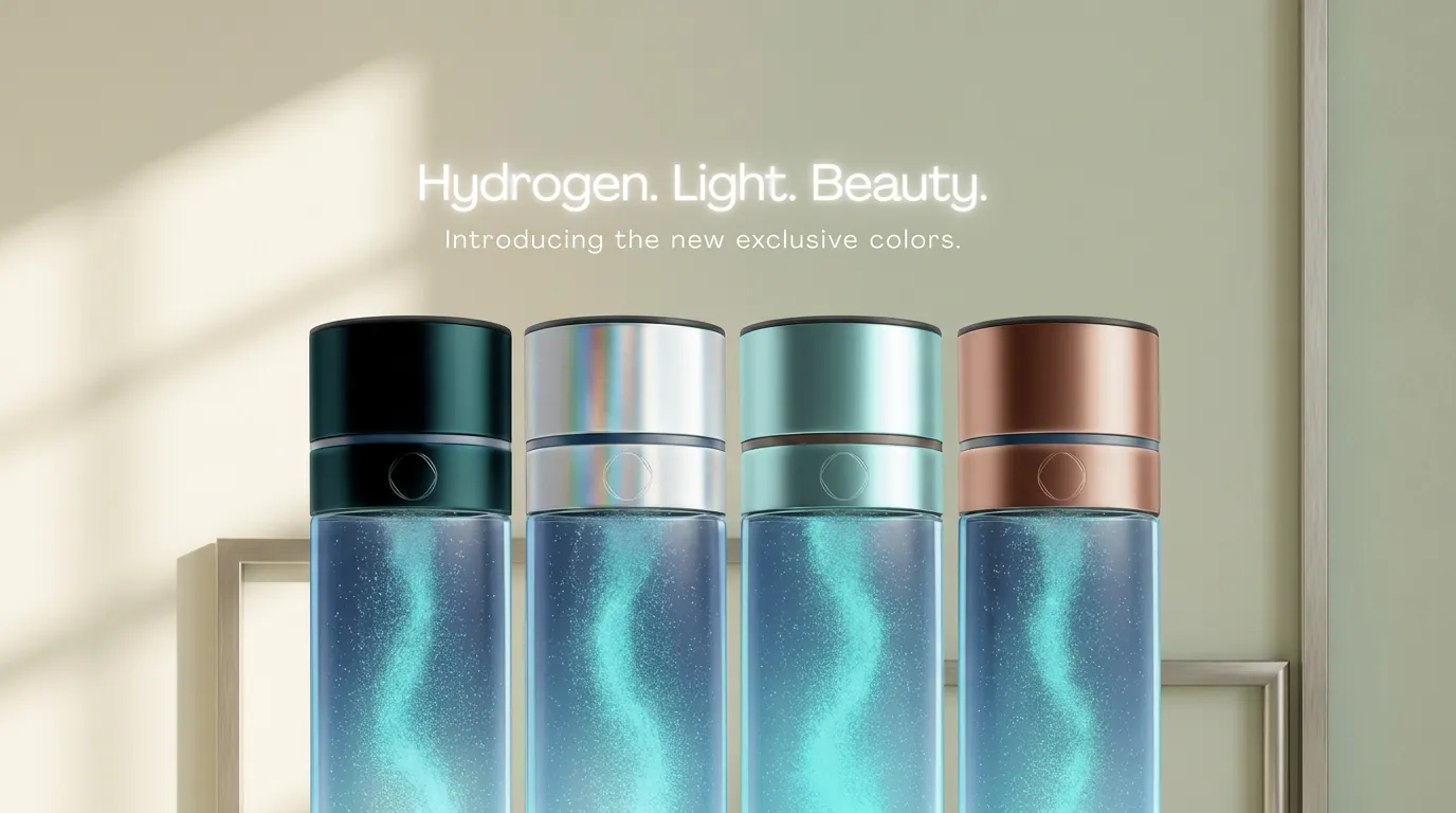 Four LUMA bottle finishes side by side, in black, silver, teal and copper
