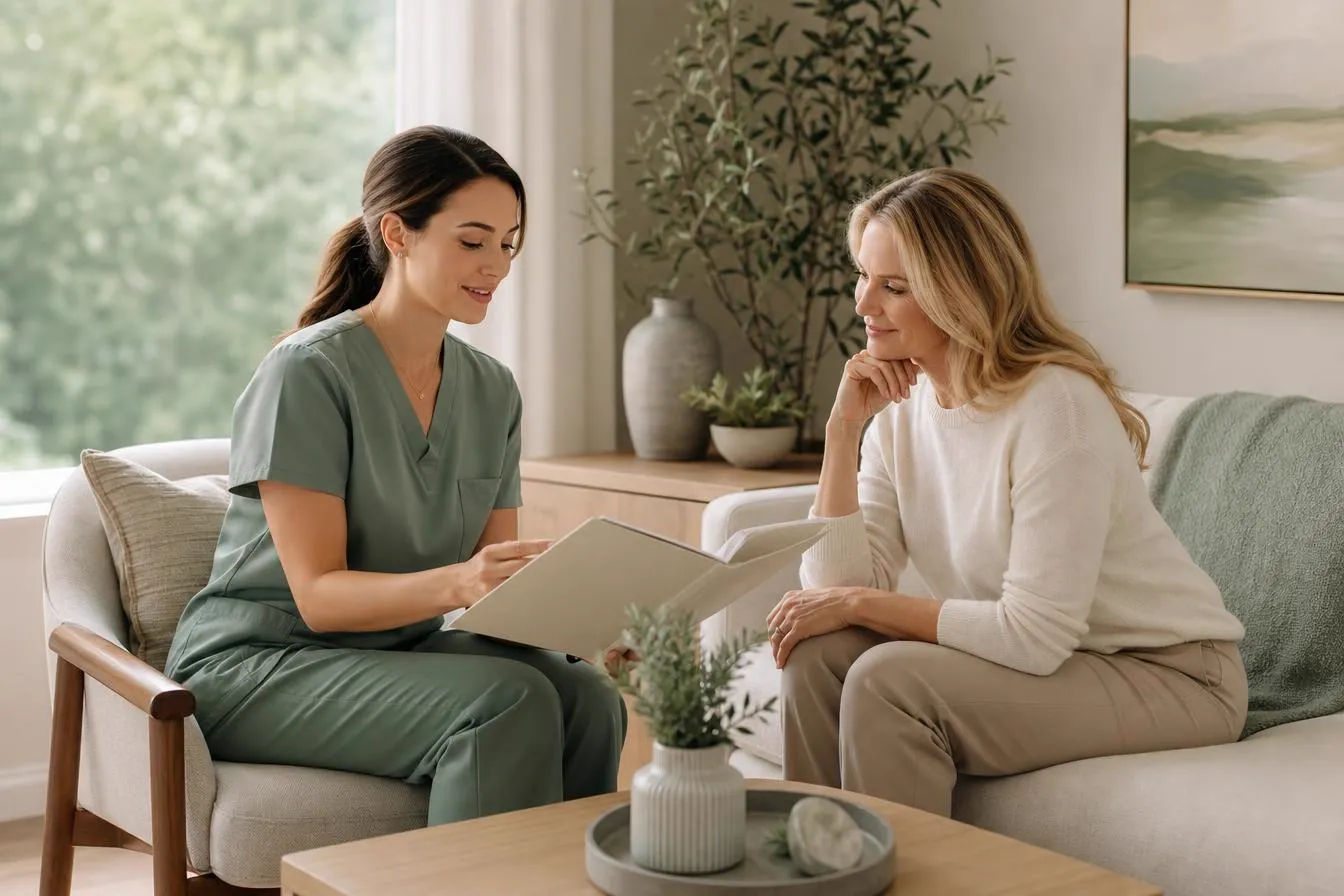 A nurse and a client reviewing a folder together in a living room